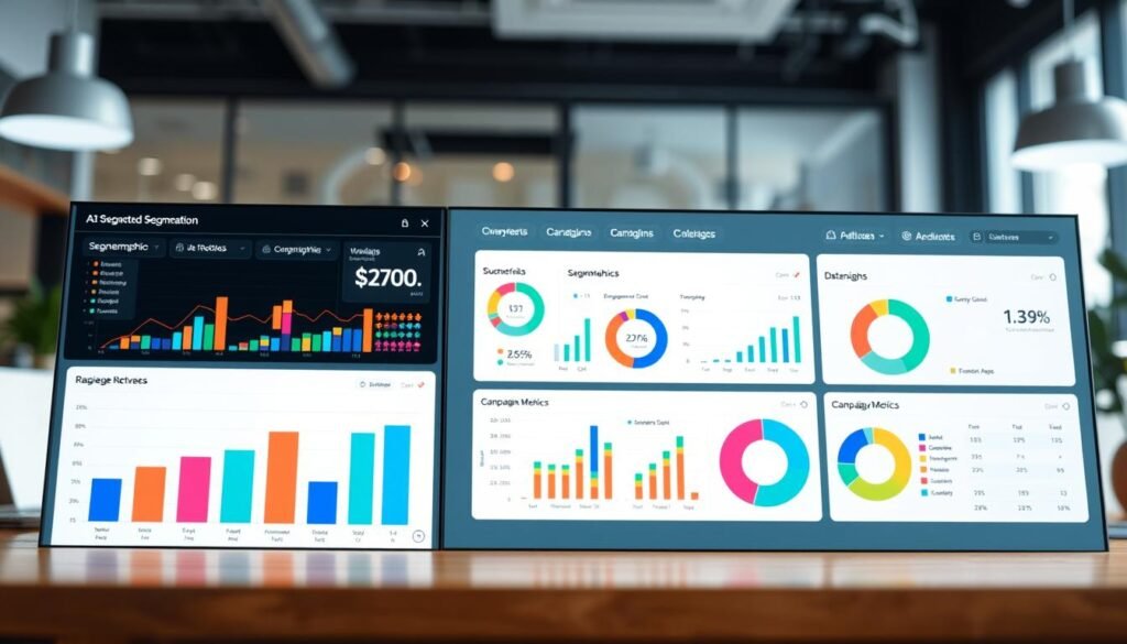 A sleek, modern dashboard displaying AI email segmentation and behavioral email targeting analytics. In the foreground, multiple colorful graphs and pie charts illustrate segmented customer data, with percentages and categories visible. The middle section features a user interface with distinct, clickable panels showing demographics, engagement metrics, and campaign performance. The background consists of a digital workspace with blurred outlines of office elements, suggesting a tech-savvy environment. Soft, ambient lighting highlights the dashboard, creating a professional yet inviting atmosphere. Use a wide-angle perspective to capture the dashboard&amp;apos;s comprehensive layout. The overall mood is focused, innovative, and data-driven, embodying the essence of AI-driven email marketing strategies.