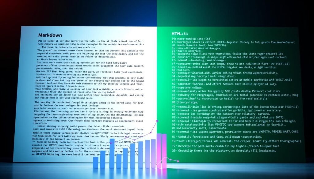A split-screen visual comparing Markdown and HTML in the context of SEO optimization. On the left, a neatly organized Markdown document with code snippets highlighted in a glowing blue, featuring bullet points and headers. On the right, an HTML page layout with tags like `<h1>` and `<meta>` prominently displayed, set against a soft green background. In the foreground, a subtle overlay of search engine graphs and analytics icons, suggesting performance metrics related to SEO. The lighting is bright and vibrant, with a slight focus on each code side, creating a sense of clarity. The atmosphere is professional and tech-oriented, appealing to web developers and content creators. The scene is devoid of any text overlays or trademarked materials.
