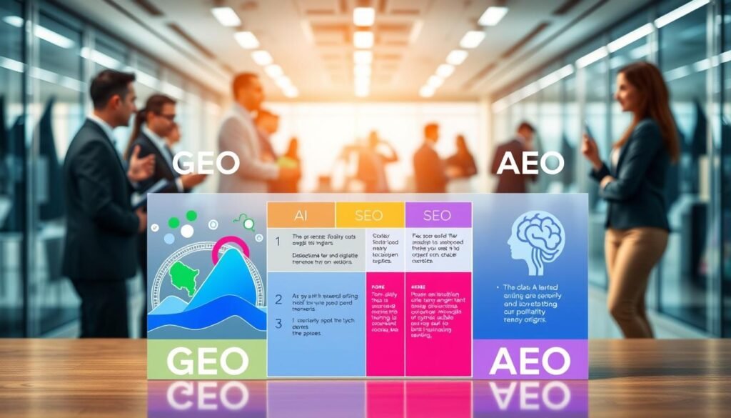 A visually compelling infographic comparing GEO, SEO, and AEO, set against a sleek, modern office backdrop. In the foreground, three distinct sections symbolize each optimization method with vibrant icons: GEO represented by a globe and digital landscape, SEO by search engine elements like magnifying glasses and keywords, and AEO with an AI brain symbol. The middle ground features a stylized chart that illustrates key differences among the three, using bright colors to differentiate each point. The background shows a bustling tech workspace with professionals in business attire collaborating, infused with soft ambient lighting that creates an engaging, informative atmosphere. The image should emphasize clarity and conceptual contrast between the optimization methods without any text or distractions. A visually compelling infographic comparing GEO, SEO, and AEO, set against a sleek, modern office backdrop. In the foreground, three distinct sections symbolize each optimization method with vibrant icons: GEO represented by a globe and digital landscape, SEO by search engine elements like magnifying glasses and keywords, and AEO with an AI brain symbol. The middle ground features a stylized chart that illustrates key differences among the three, using bright colors to differentiate each point. The background shows a bustling tech workspace with professionals in business attire collaborating, infused with soft ambient lighting that creates an engaging, informative atmosphere. The image should emphasize clarity and conceptual contrast between the optimization methods without any text or distractions.