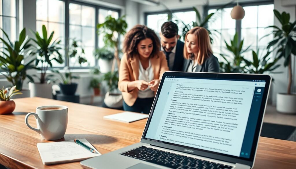 A visually engaging workspace scene focused on Markdown simplicity for web content creation workflows. In the foreground, a laptop with a clean Markdown editing interface is open, showing neatly formatted text. To the left, a steaming cup of coffee rests on a wooden desk beside a notepad with Markdown notes. In the middle ground, a diverse group of three professionals&mdash;one male and two females, all in smart casual attire&mdash;collaborate around the desk, pointing at the laptop screen and discussing ideas eagerly. The background features a bright, airy office with large windows, soft natural light illuminating the space, and an array of plants providing a calming atmosphere. The overall mood is productive and collaborative, reflecting modern content management practices.