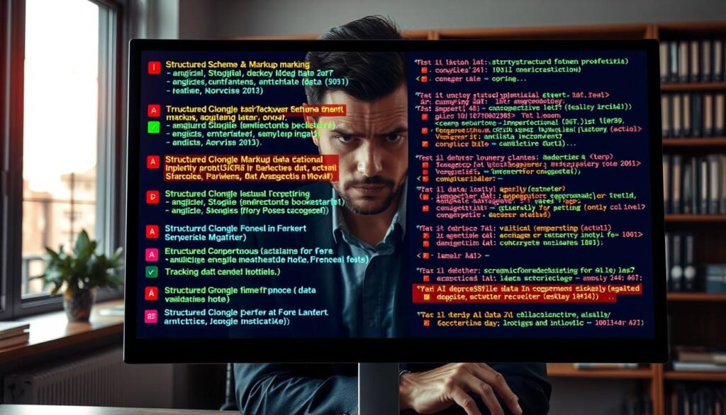 A visually striking digital representation of structured data validation errors, set in a sleek, modern office environment. In the foreground, a large computer screen displays colorful error messages, visualized as bright, attention-grabbing icons and code snippets indicating common schema markup mistakes. The middle layer features a focused professional, dressed in business attire, thoughtfully analyzing the data, with a furrowed brow and a look of concern. The background shows shelves filled with data books and a large window letting in soft, ambient natural light, casting gentle shadows. The overall mood is one of urgency and introspection, with a blend of professionalism and technology that underscores the importance of proper data structuring for enhancing AI visibility.