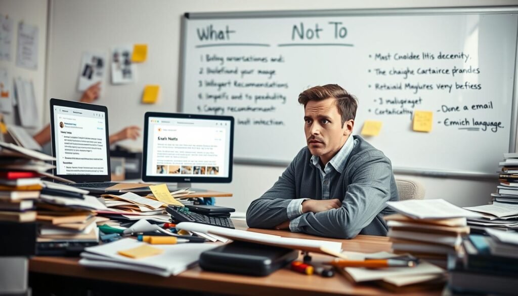 A visually striking scene illustrating common mistakes in automated email customization. In the foreground, a cluttered desk with a laptop displaying an email draft, showing awkward personalization (like incorrect names and mismatched brands). A frustrated business professional in smart casual attire sits at the desk, looking perplexed. In the middle, scattered papers and sticky notes reveal other email mishaps, such as irrelevant recommendations and impersonal language. The background features a large whiteboard with bullet points highlighting "What Not to Do" in email marketing, subtly blurred to emphasize the foreground. Soft, natural lighting illuminates the workspace, creating a focused yet relatable atmosphere, captured from a slightly elevated angle to convey the depth and complexity of email marketing challenges.