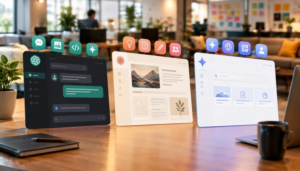 A detailed comparison graphic featuring personalization tools for AI models, focused on GPT, Claude, and Gemini. In the foreground, display three distinct digital interfaces side by side, each with a unique design aesthetic representative of its platform&mdash;GPT in a sleek, modern style, Claude with a more creative flair, and Gemini showcasing a minimalist approach. The middle ground highlights vibrant icons and features of each tool, contrasted in color to differentiate them. In the background, a blurred office setting with a professional atmosphere, including elements like computers and informal brainstorming spaces. Use soft, warm lighting to create an inviting mood, with a slightly angled view to provide depth. The image should convey innovation in AI personalization without any text or distractions.