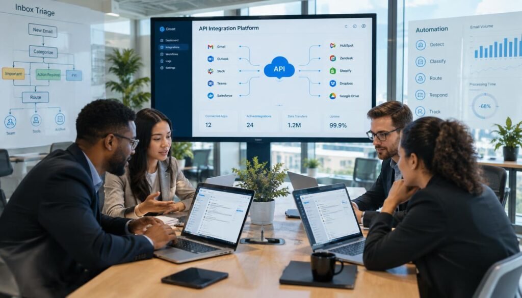 An intricate view of an inbox triage workflow set in a modern office environment. In the foreground, a diverse group of four professionals in business attire, engaged in animated discussions while analyzing incoming emails on sleek laptops. The middle layer showcases a sophisticated API integration platform interface displayed on a large screen, illustrating the seamless connection between various applications. The background features large windows with natural light flooding the room, enhancing a vibrant and productive atmosphere. Include a subtle hint of digital data visualizations and flowcharts on the walls to suggest automation processes. Use a wide-angle lens perspective with soft focus edges to draw attention to the collaboration and technology central to the scene while maintaining a professional and focused mood.